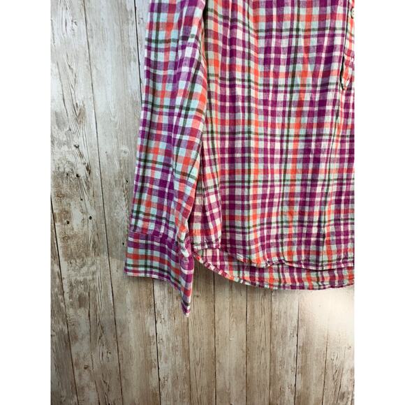 Vineyard Vines Shirt Womens 4 Fuchsia Green Plaid Collar 1/2 Button Linen Blend - Picture 6 of 9